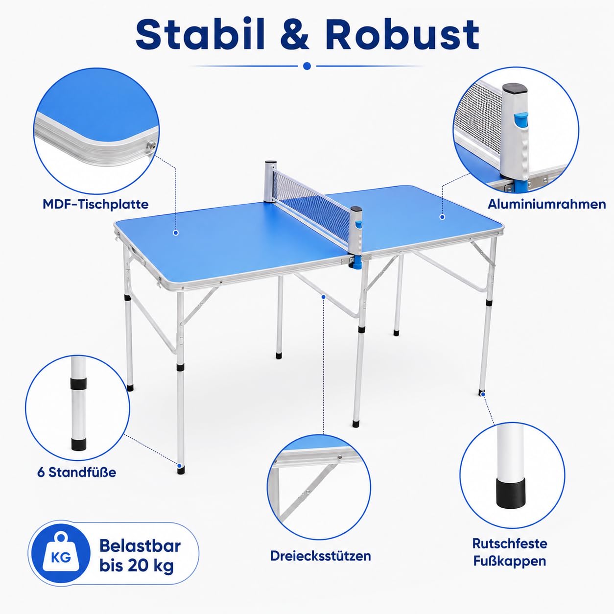 Set di mini tavolo da ping pong, pieghevole, per interni, con rete, 2 racchette e 3 palline, durevole e stabile, gioco per interni ed esterni, per casa e in viaggio (152 x 76 x 76 cm), blu