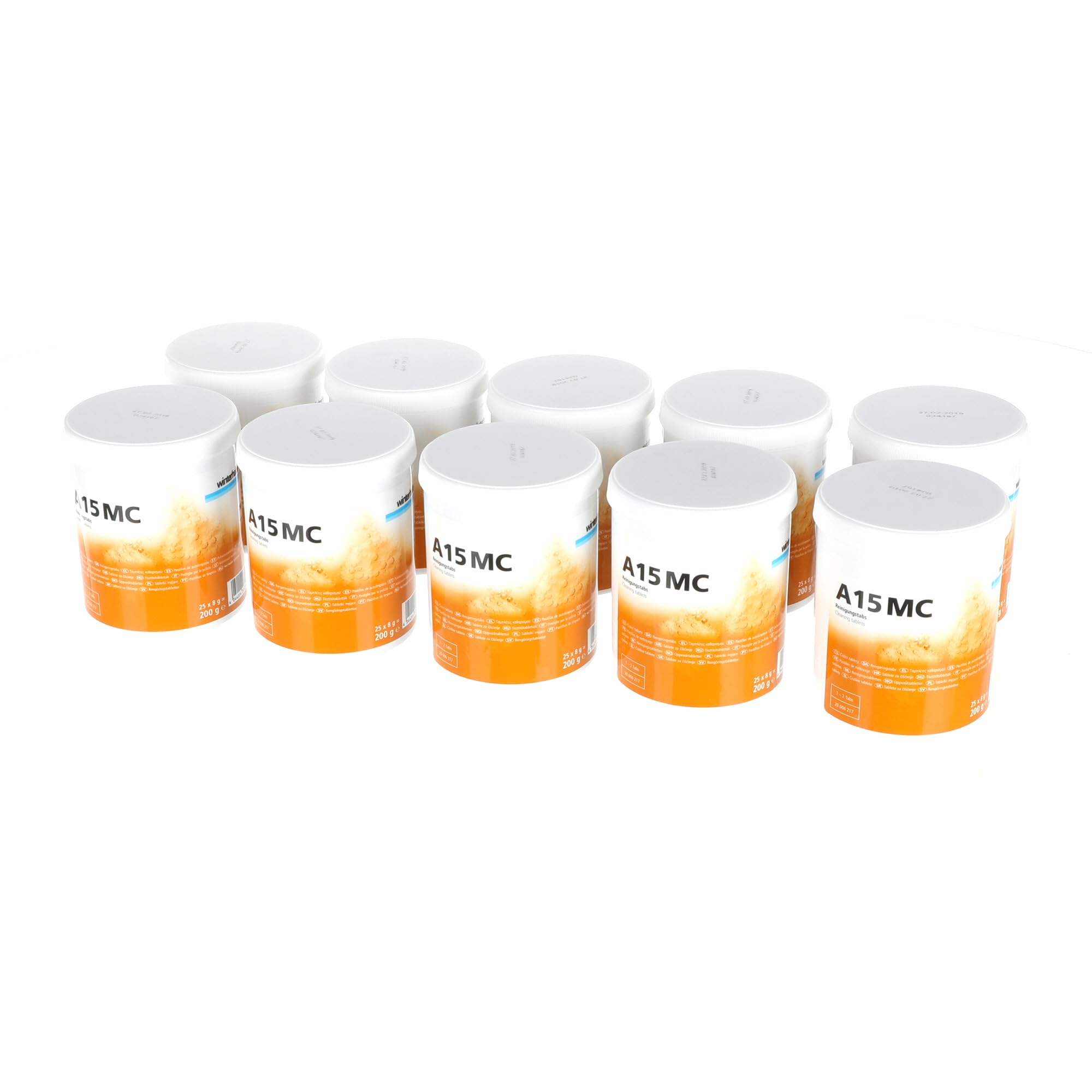 Winterhalter A15 MC Compresse detergenti per lavastoviglie 20006217 –Set convenienza: 10 lattine da 25 compresse detergenti per la ristorazione professionale, rimuove calcare, depositi e odori –A15 MC