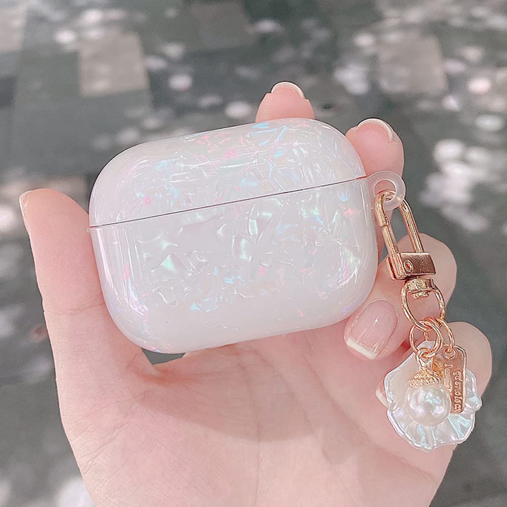 Luxury AirPods 3 Case with Shell Pearl Keychain Bling Marble Design Hard TPU Cover Compatible with AirPods 3rd Generation Case for Girls and Womens
