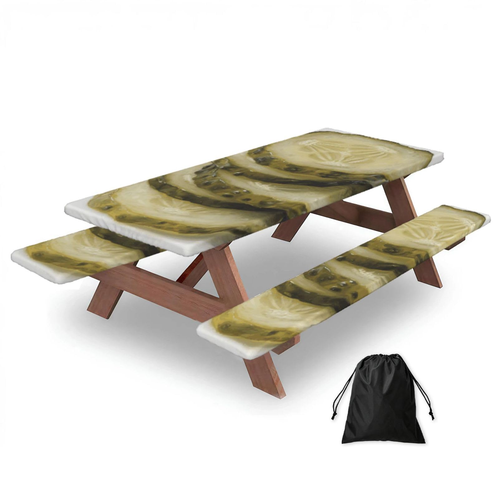 FekiLoot Pickle Picnic Table Cover with Bench Covers and Bag, Windproof Waterproof Rectangle Tablecloth with Elastic Edges Fitted Camping Table Covers for Picnic Party Travel