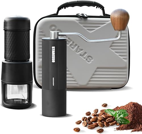 STARESSO Juego de molinillo de café portátil clásico y descubrimiento manual con estuche de viaje, kit de cafetera de viaje, perfecto para viajes,