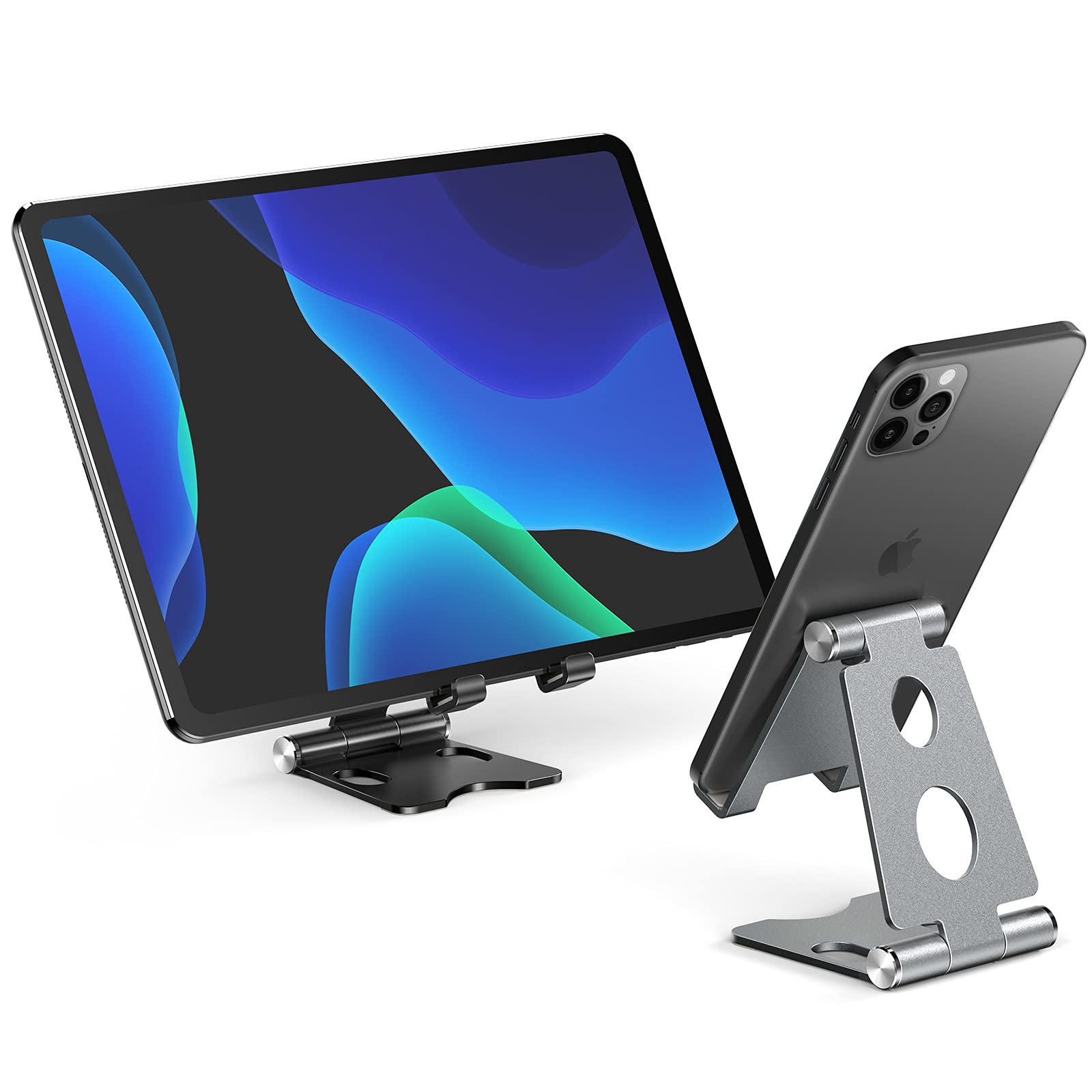 2 Pack Cell Phone Stand, iPhone Stand For Desk, Adjustable Aluminum Phone Holder For Desk, Fully Foldable, Desk Phone Holder Cradle , Compatible with iPhone 13 12 Pro Max, iPad Mini, Black Space gray