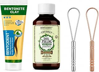 Bentodent Complete Oral Care Kit – Bentonite Clay Toothpaste, Coconut Oil Pulling Oral Rinse with Neem & Mint, 2 Stainless Steel Tongue Scrapers | Fresh Breath, Cleaner Tongue & Healthy Smile Bundle