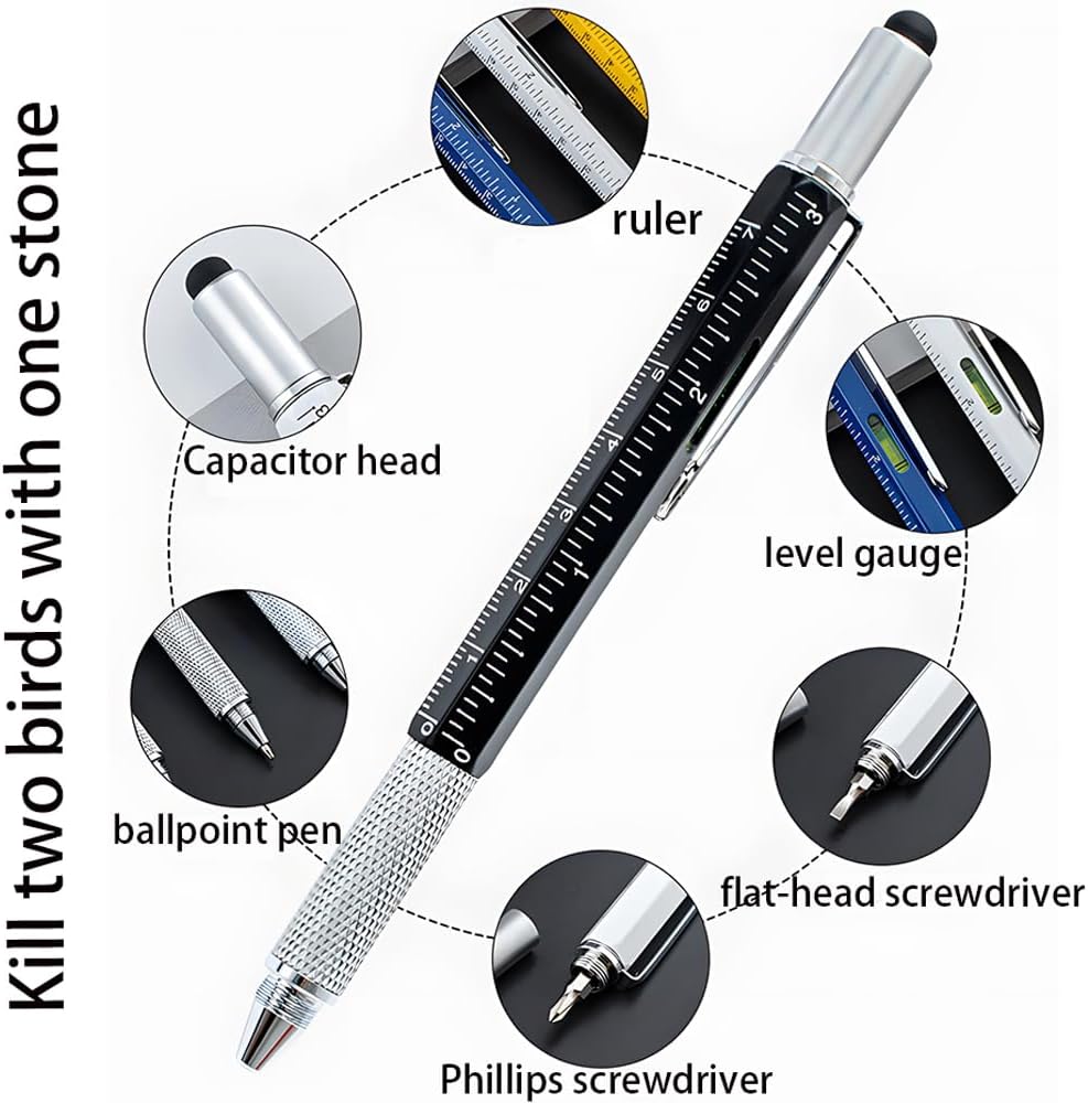6-in-1 multifunctional ballpoint pen with ruler, level, touch head and 2 screwdrivers | Gift options for engineers, technicians and DIY enthusiasts (Type A black,300)
