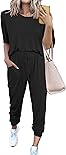 PRETTYGARDEN Women's Two Piece Outfit Short Sleeve Pullover with Drawstring Long Pants Tracksuit Jogger Set (A-black,Small)
