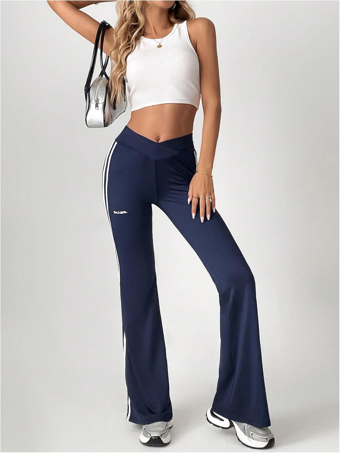 Women's Striped Side Bell Bottoms Cross Waist Flare Leggings Yoga Pants - Image 3