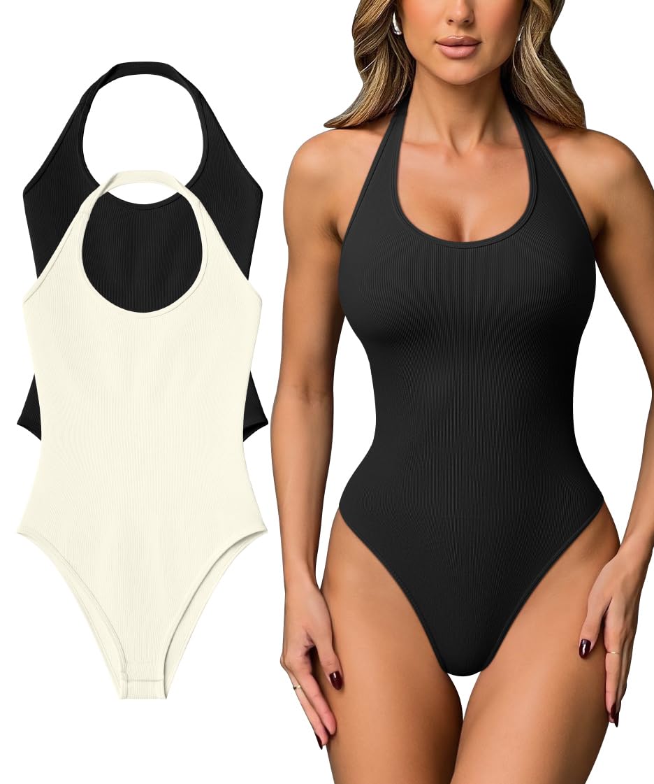 Women Halter Neck Bodysuits 2 Pack Sleeveless Shapewear One Piece Leotard Shirt Going Out Tops-image-43