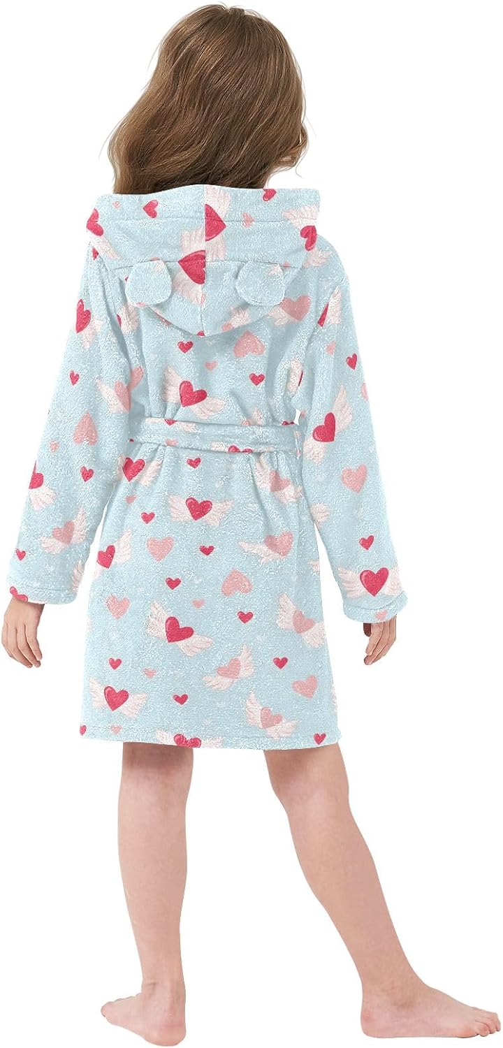 Winged Hearts Pattern Toddler Hooded Bathrobe for Boys Girls Soft Plush Bath Towel Robe 2-12 Years
