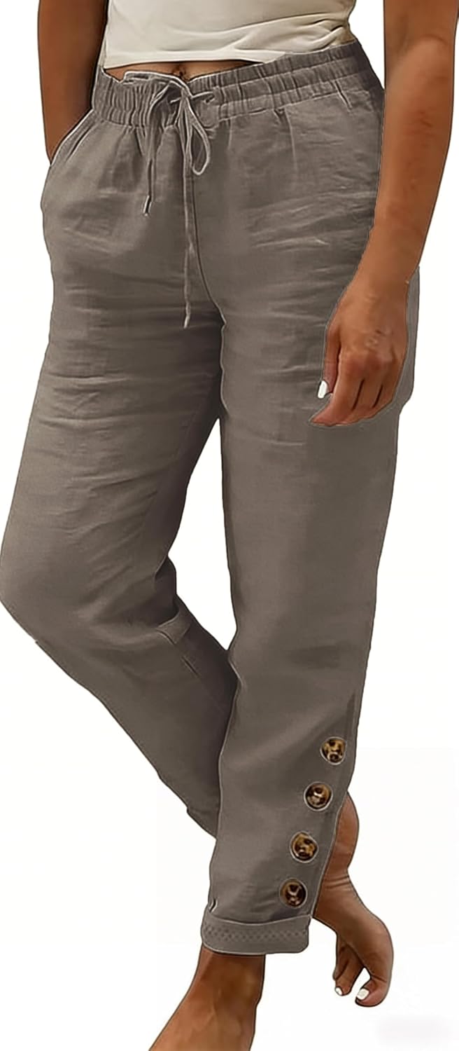 Kubsid Women Linen Pants Summer Casual Drawstring Elastic Waist Pants Lightweight Capris Beachwear