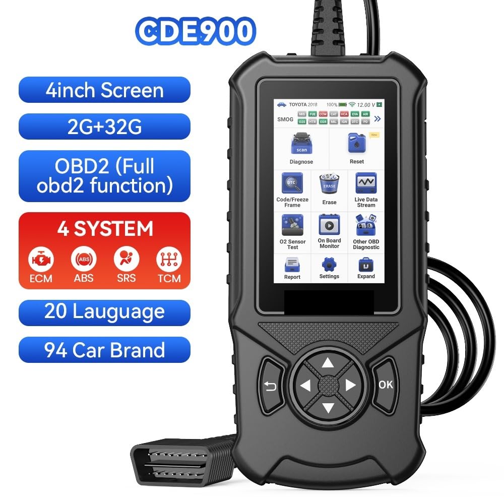 CDE900 OBD2 scanner tool for vehicle Auto diagnostic tools 4 system ECM ABS SRS TCM 28 resets code reader 32G DTC Lookup(CDE900 PRO)