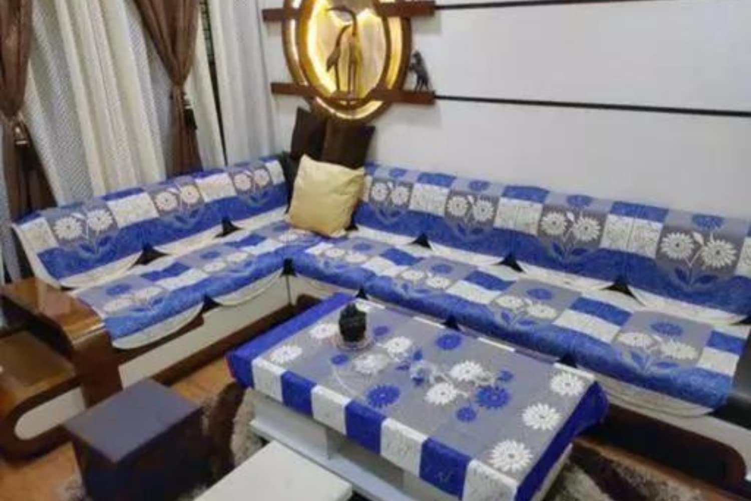 BALLEY L Shape Sofa Cover 7 Seater with Table (Blue)