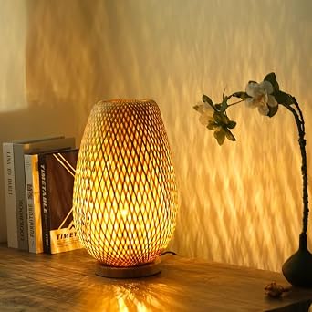 Bamboo Woven Table Lamp Bamboo Lampshade Table Lighting Decorative Table Lighting Night Light for Bedroom, Living Room, Dimmable Switch, Style 2