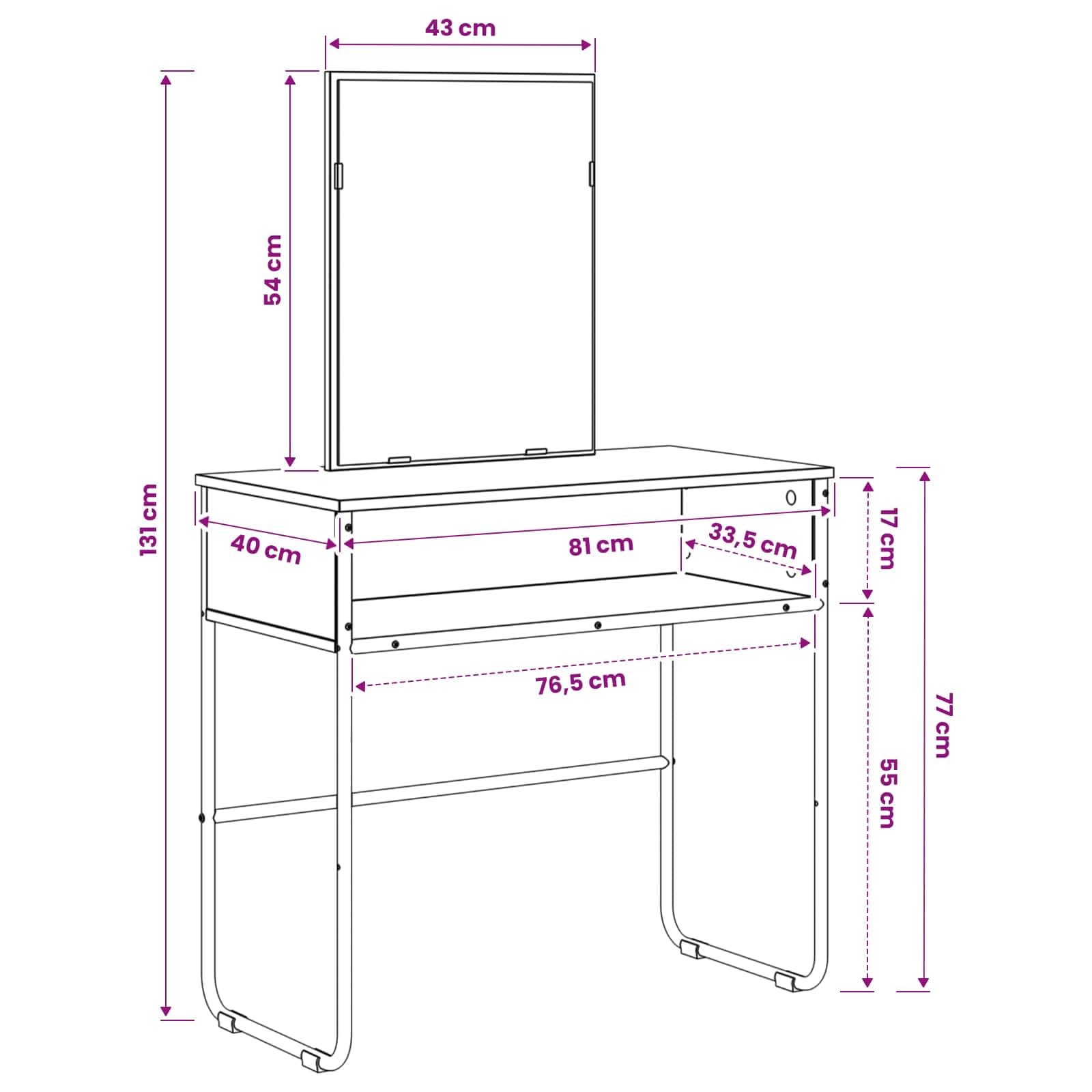 Schminktisch Geräucherte Eiche 81 x 40 x 131 cm Holzwerkstoff mit verzinktem Stahlrahmen Flachspiegel und Stauraum für Schlafzimmer Jugenzimmer Mädchen Makeup Organizer und Ablage