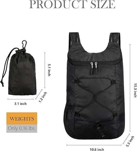 Miniatura 2 de Mochila de senderismo plegable ligera, ultraligera e impermeable, bolsa de viaje y gimnasio para mujeres y hombres, Negro -, Compacto