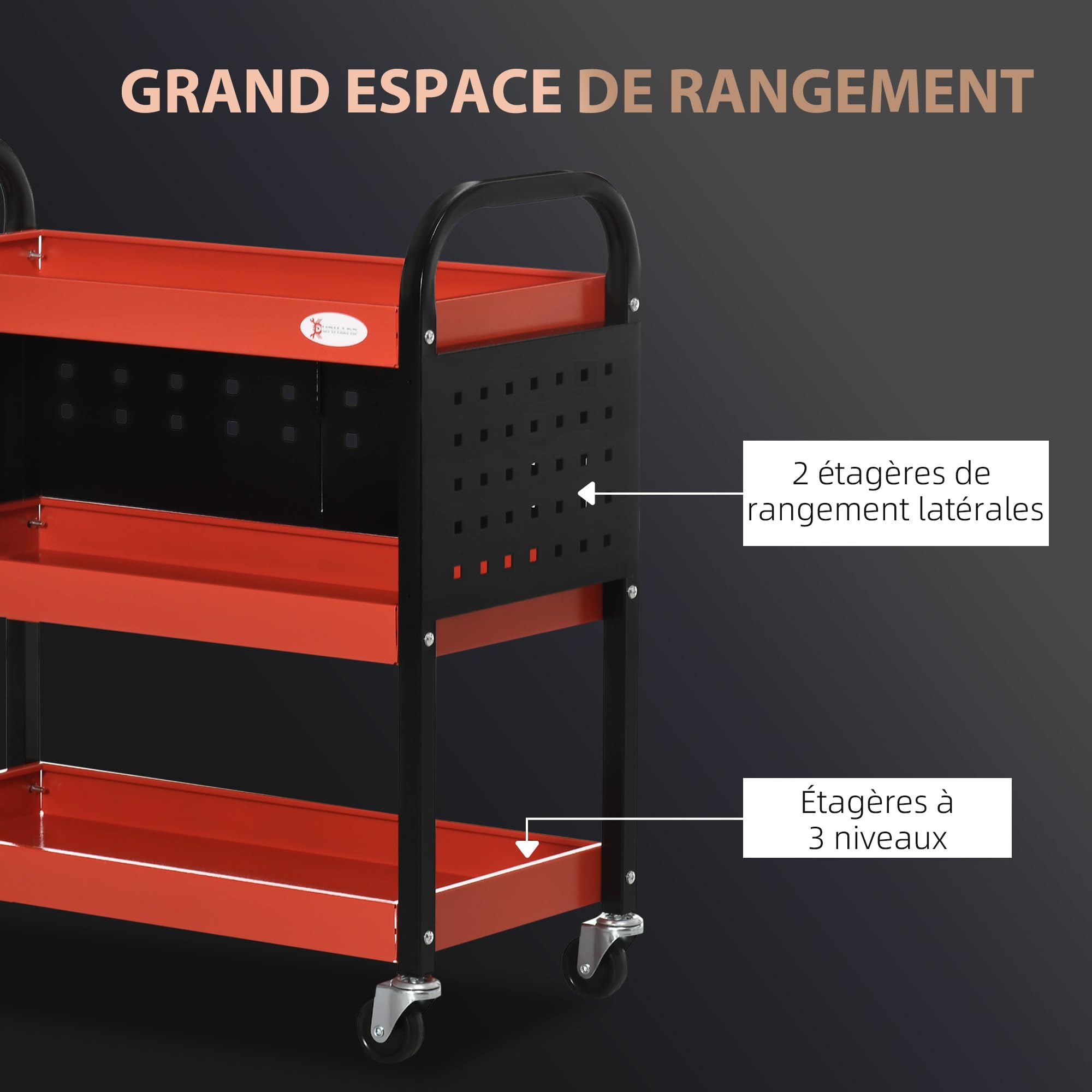 DURHAND Chariot d'atelier servante Atelier Chariot à Outil à 3 Niveaux avec étagères, Planches suspendues, Charge jusqu'à 100 kg, desserte Atelier pour Garage, entrepôt, Outils de Bricolage, Rouge