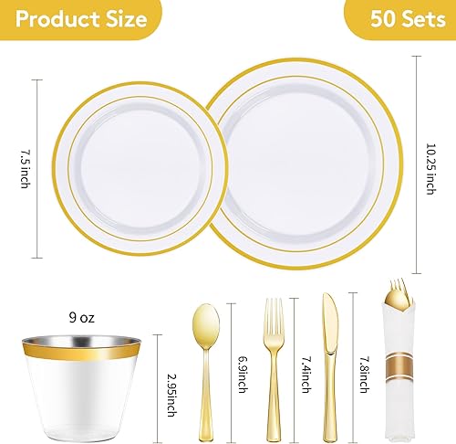 Miniatura 10 de Juego de vajilla de plástico de oro rosa de 175 piezas para 25 invitados, platos desechables elegantes para fiestas, incluye 25 platos llanos, 25