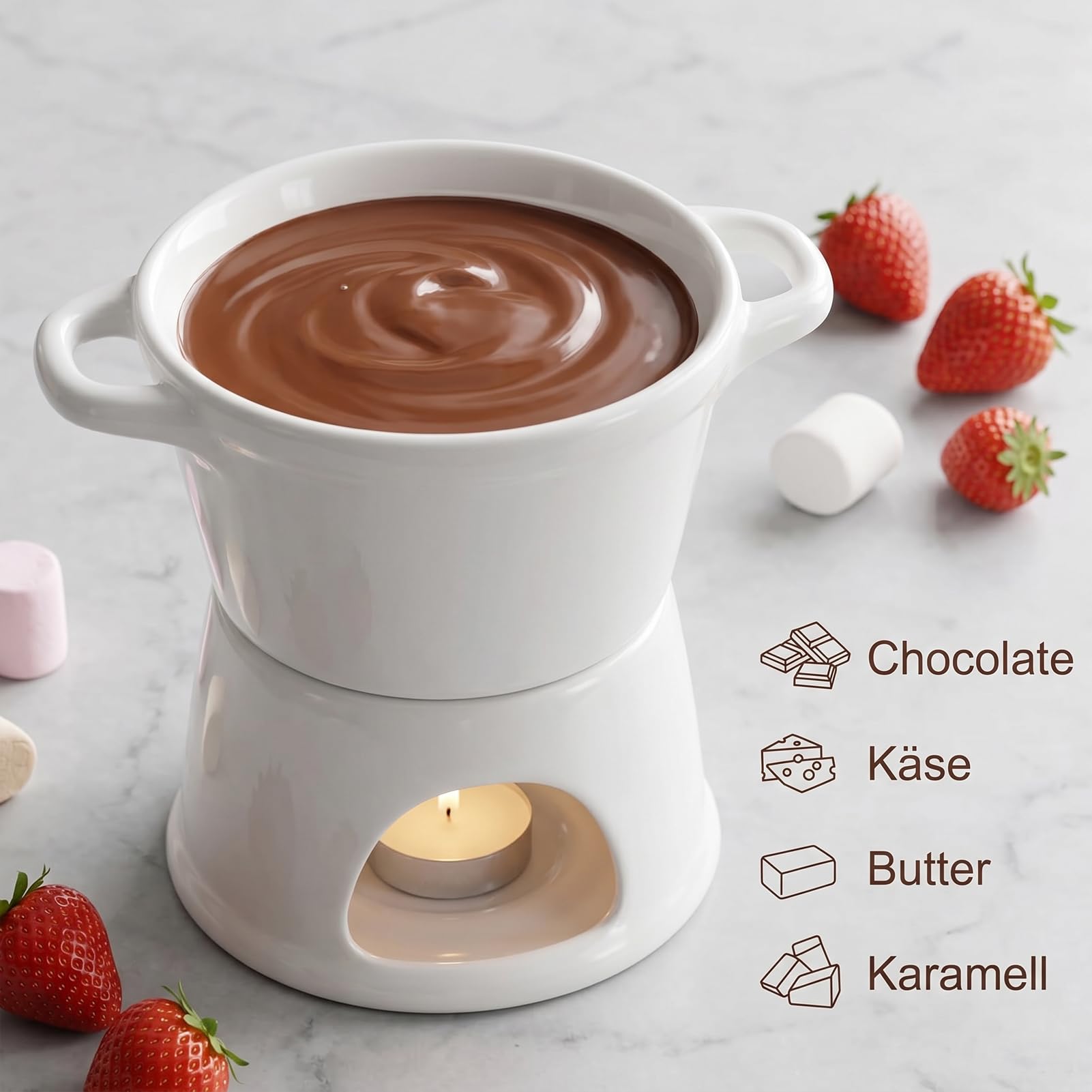 Schokofondue mit Doppelgriff, Schokofondue Tasse mit Gabeln, Keramik Fondue Tasse, Schokoladenfondue für Schokolade, Käse - Wichtelgeschenke