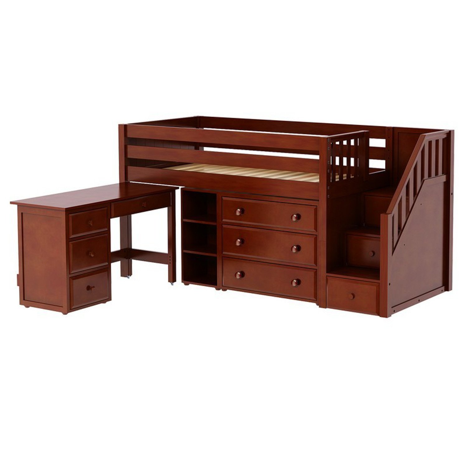 Solid Hardwood Twin-Size Low Loft Bed with Storage Staircase Entry, Dresser, Bookshelf, and Student Desk, Chestnut