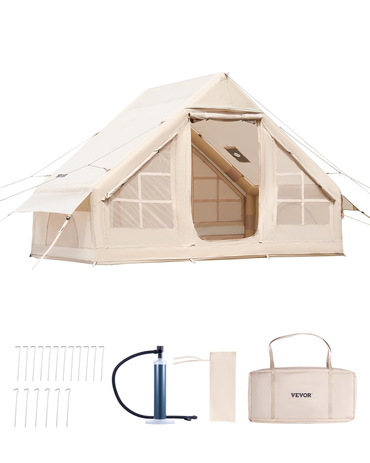 VEVOR Inflatable Tents for Camping, Easy Setup Blow up Tent with Hand Pump, 4 Season Glamping Tent with Stove Jack, Doors & Mesh Windows, Storage Bag Included for Easy Taking