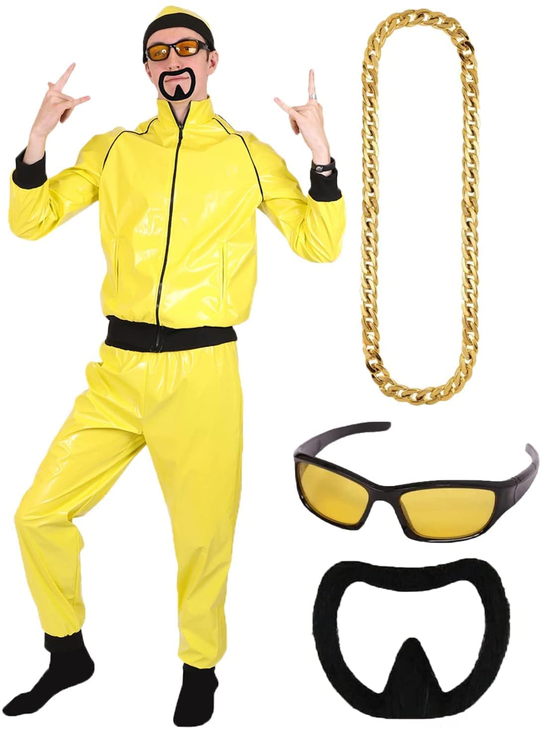 Ficlwigkis 80s/ 90s Hip Hop Rapper Costume Outfit for Men, Disco Retro Tracksuit Sunglasses Chain Necklace Ring Halloween
