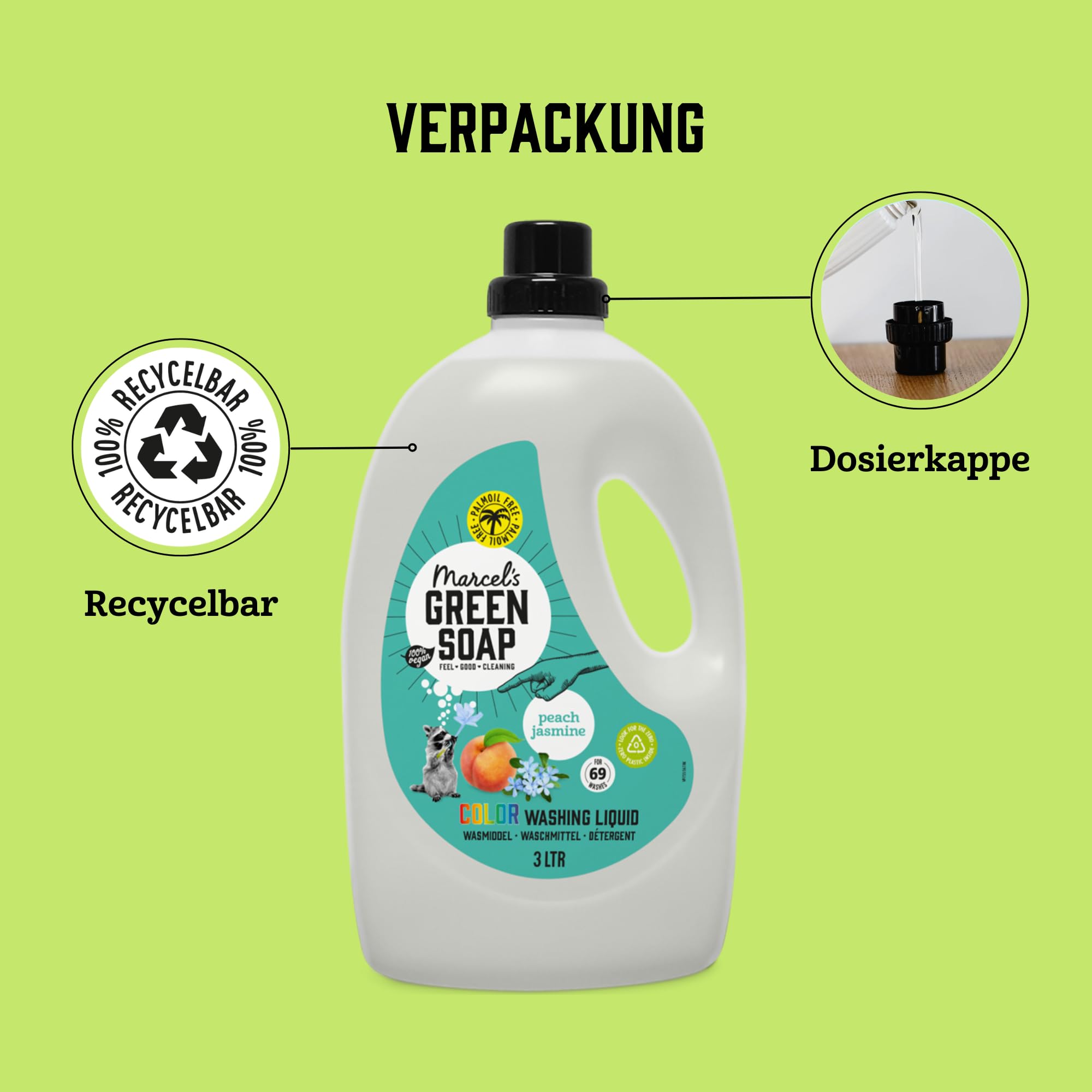 Marcel's Green Soap Farbwaschmittel Pfirsich & Jasmin - Vorteilspack - Mikroplastikfreie Formel - Vegan - 100% recycelte Plastikflasche - Nachfüllbar - 276 Waschgänge - 3L (4er Pack)