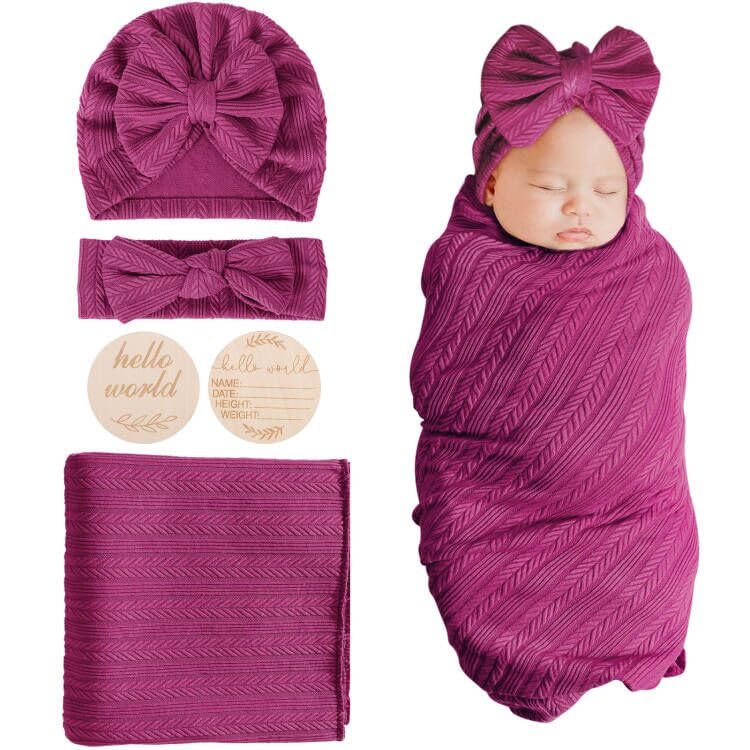 Image of BQUBO Baby Swaddle Blankets for Girls, 4PCS Newborn Accessories Set with Hat and Bow Headband with Hello World Wooden Birth Announcement Card, Baby Blankets for Girls (Pink)