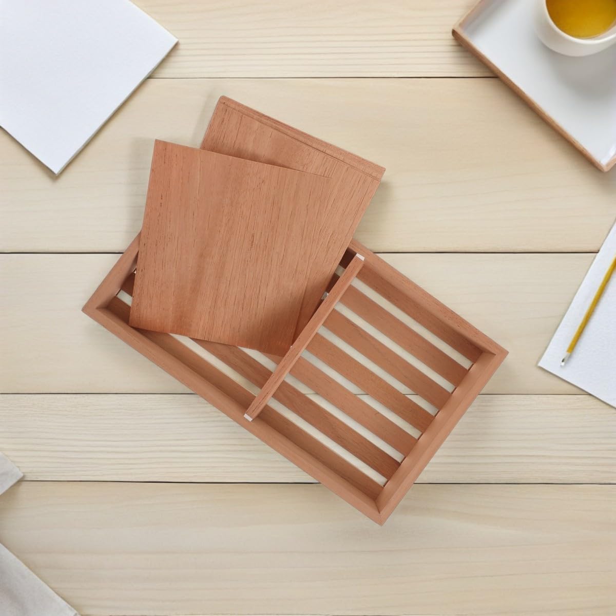 Zigarrenaufbewahrungsschale aus Holz, 1 Set, braun, mit Feuchtigkeitsblättern, verstellbaren Trennwänden und 30,5 CM Breite für Organisation von Schreibtisch und Schublade