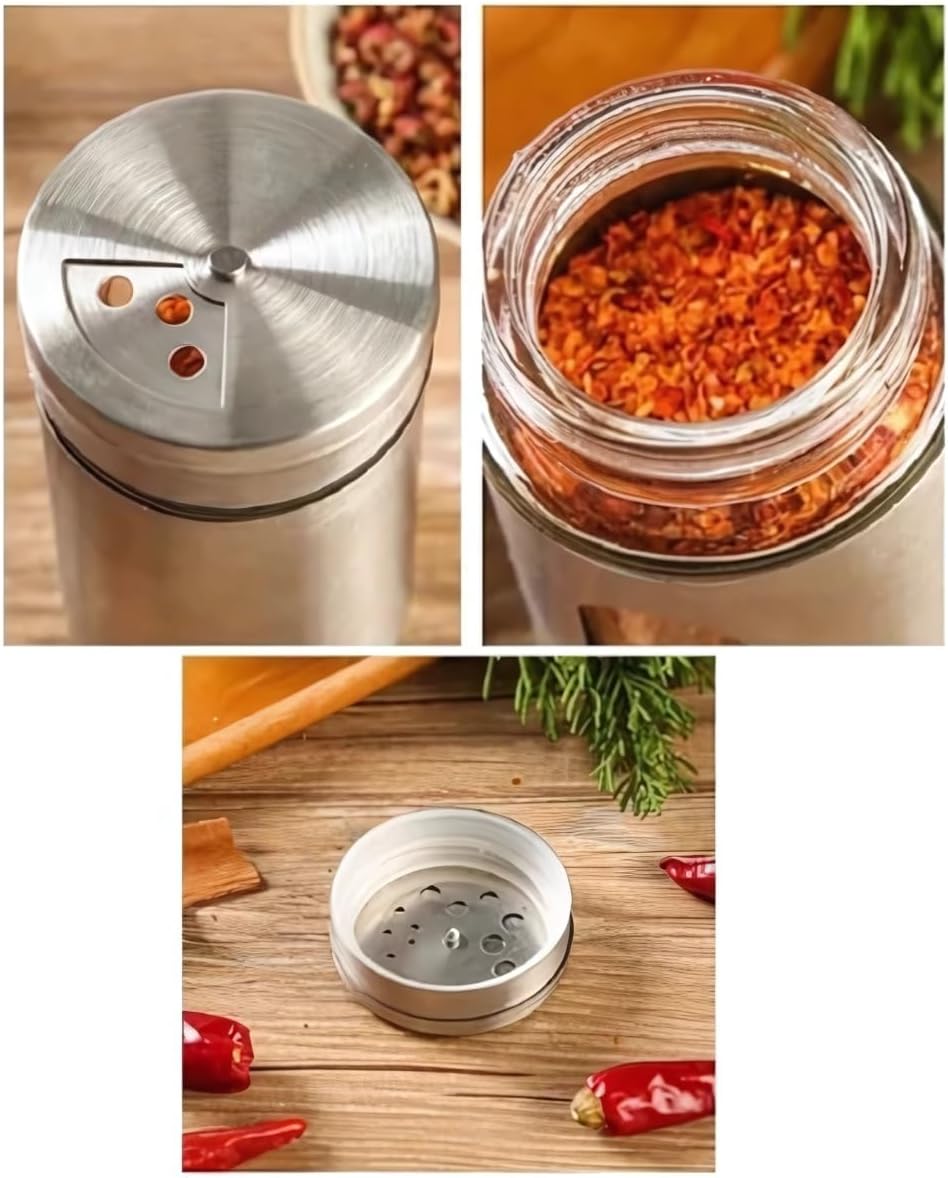 Kit 6 Porta de Temperos Saleiro Pimenteiro Inox e Vidro Conjunto Premium Aço Inoxidável com Visor Tampa Giratória 3 níveis para Condimentos de Cozinha