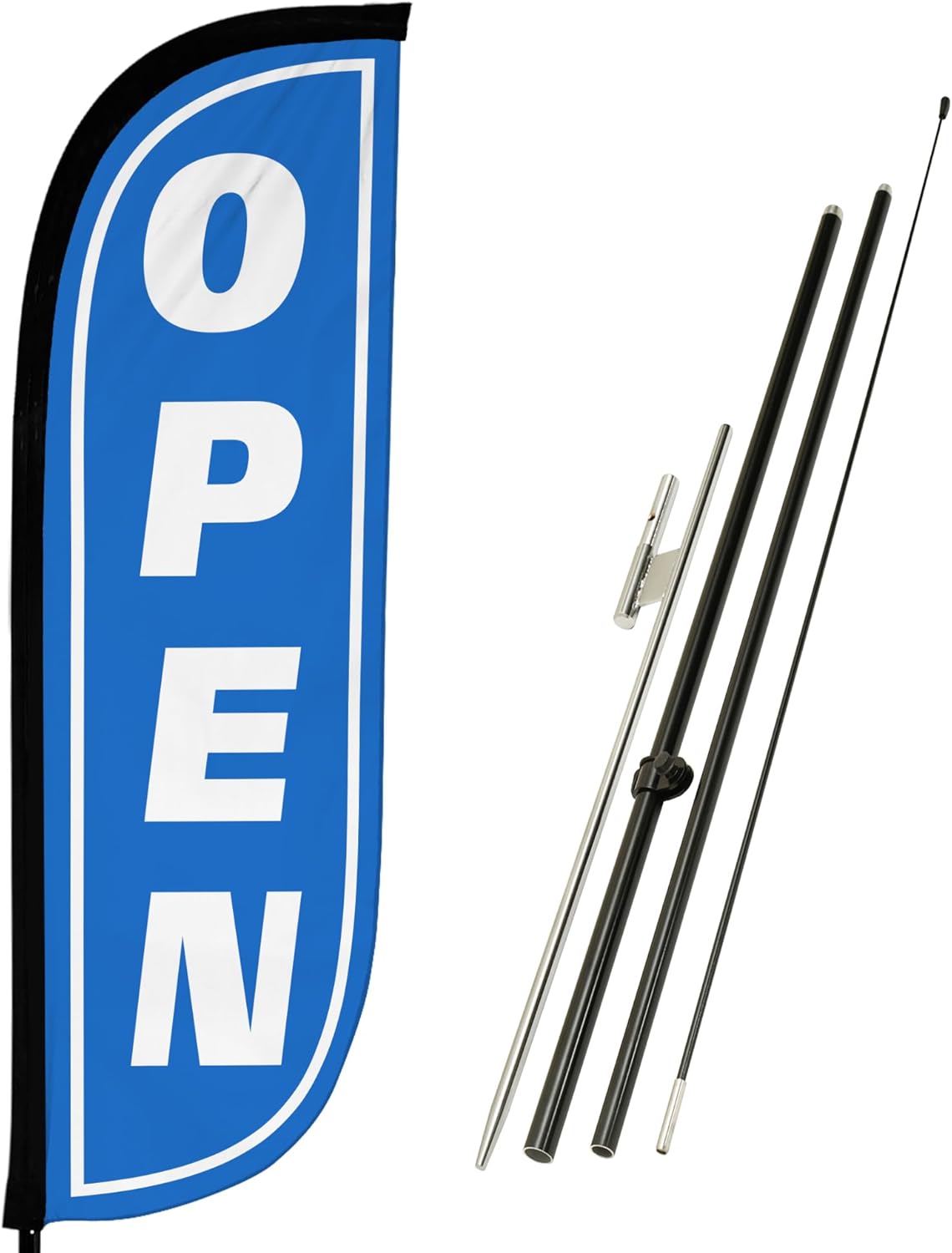 LookOurWay Feather Flag Pole Kit - 7 Feet Tall Advertising Banner with Fiberglass Pole Set and Ground Spike for Business Promotion - Open Flags - Open Blue & White