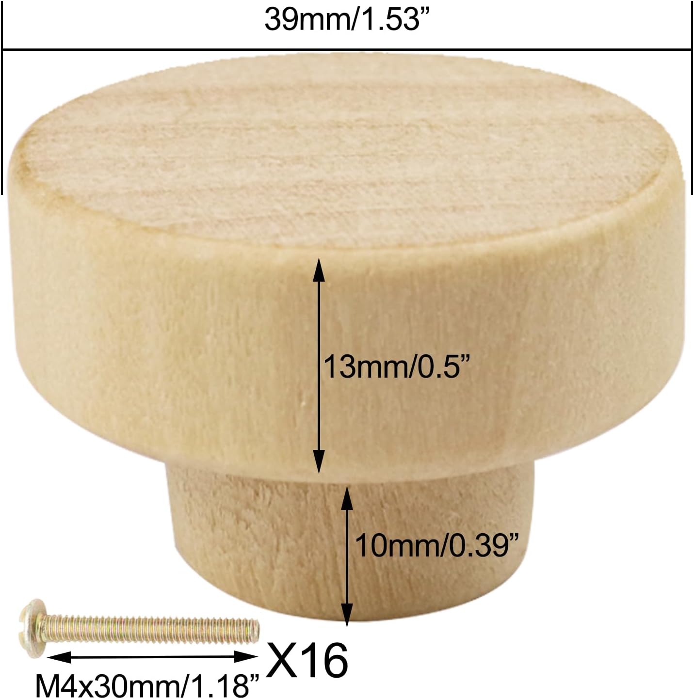 16 Pack Wood Cabinet Knobs 1.53" Flat Top Round Dresser Drawer Knobs Unfinished Furniture Pull Handles Cupboard Door Hardware (Diameter 39mm)