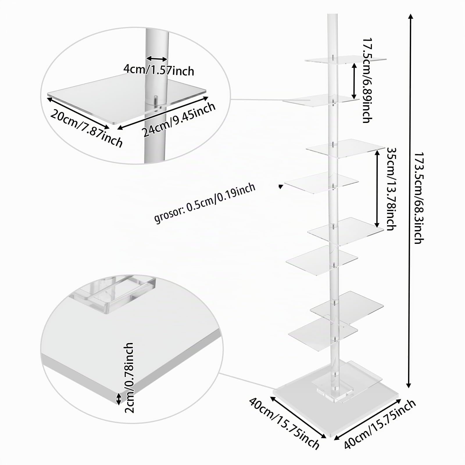 Estantería de pie de acrílico transparente, de 9 pisos, ajustable, vertical, transparente, estrecha, para sala de estar, dormitorio, oficina, hogares