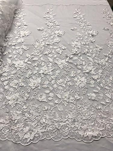 White Princess 3D Floral Embroider with Pearls ON A MESH LACE-Sold by Yard.