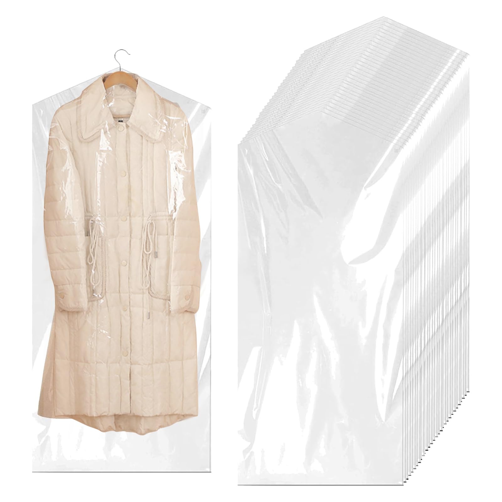 Plastic Garment Bags, 30 Pack Dry Cleaning Bags, Clear Clothes Covers, Dust Proof Garment Protector Covers, Garment Bags, Clear Plastic Clothes Covers for Clothes Shirt Jacket Suit(60x110cm)