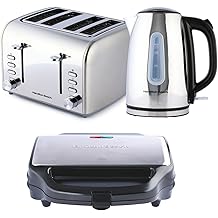 Hamilton Beach Kettle Toaster & Sandwich Toaster Set, Rise, Polished, Electric Kettle 1.7L, Toaster 4 Slice, Kettle & Toaster Set, Deep Fill Sandwich Toaster, Kitchen Set, Silver - HBRISE4ST