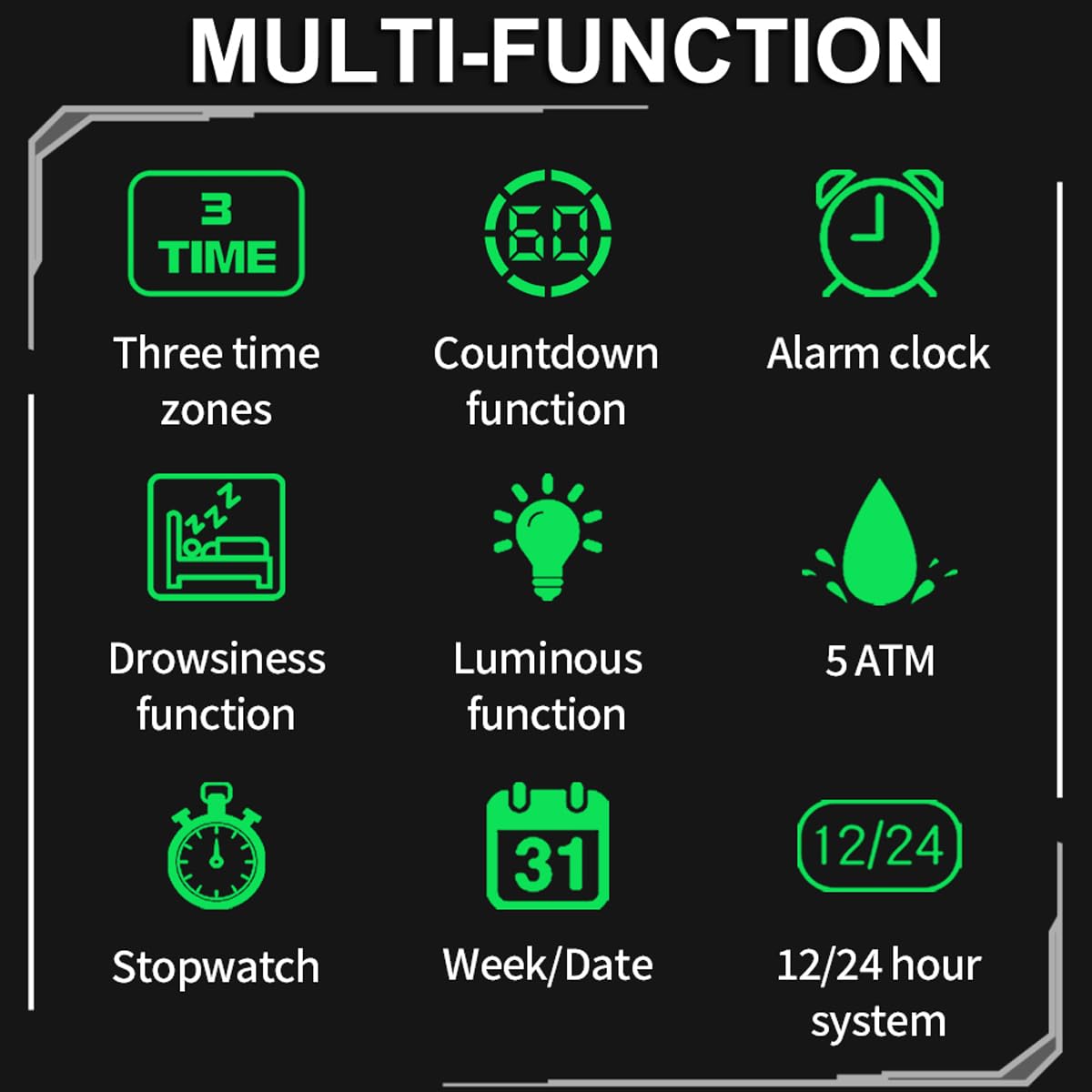 findtime Reloj analógico digital único para hombre, doble zona horaria, deportivo, al aire libre, cuadrado, grande, alarma, cronómetro, cuenta regresiva, LED, luminoso, negro y verde
