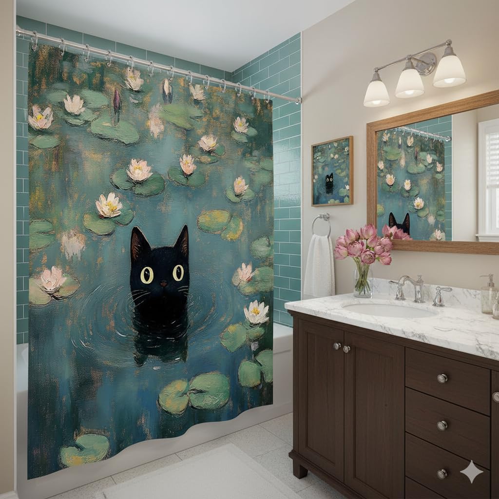 Funny Cat Shower Curtain Abstract Oil Painting Art Cute Black Kitten in Water Lilies Green Leaves Pink Lotus Floral Lovely Animal Bathroom Polyester Curtains Set with Hooks 70x84 Inch