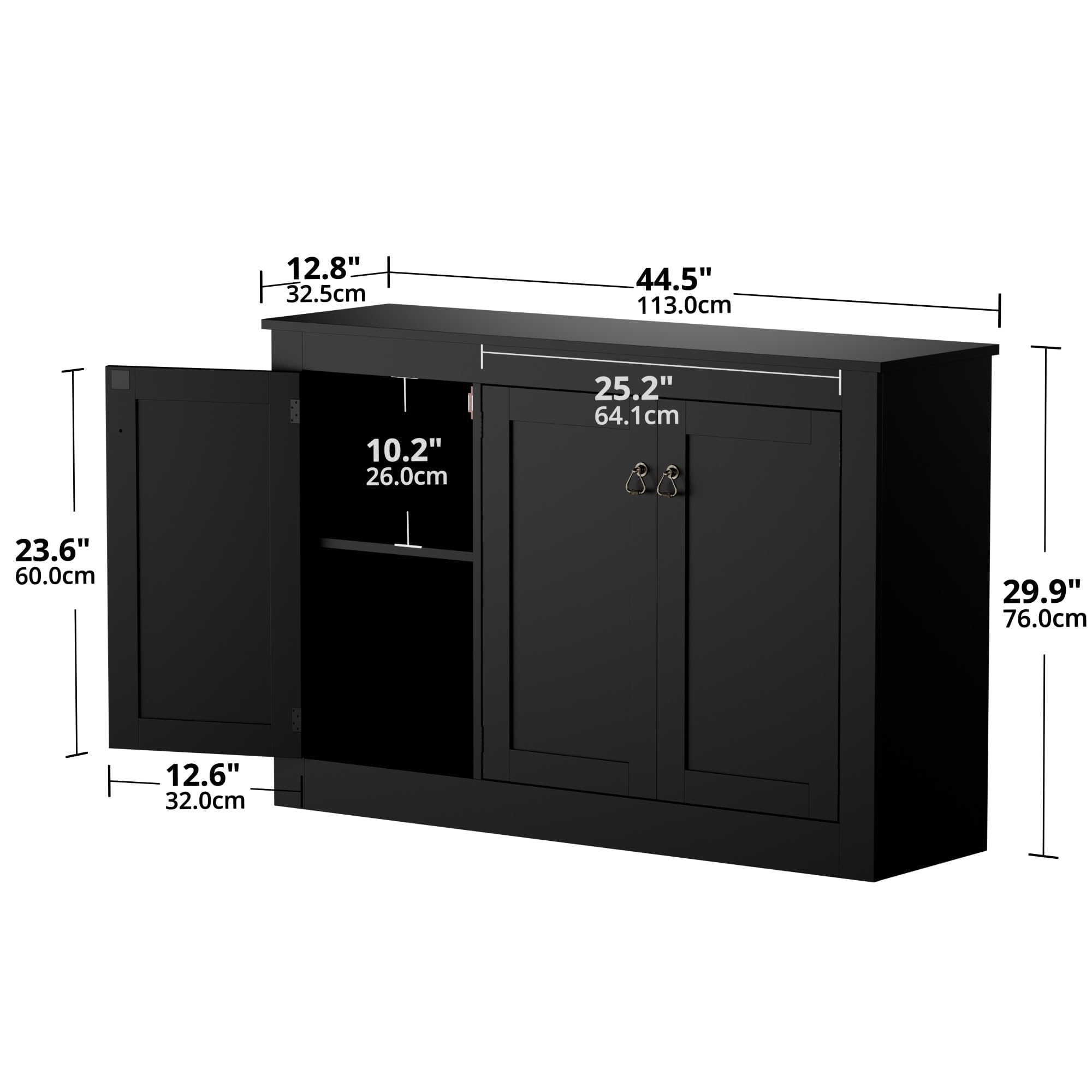 Sideboard, küchenschrank, mit 3 Türen und verstellbare Ablagen, 113 cm lang, buffetschrank, Aufbewahrungsschrank,Holzkommode für Küche,Wohnzimmer, Flur und Esszimmer (Schwarz, 113B cm)