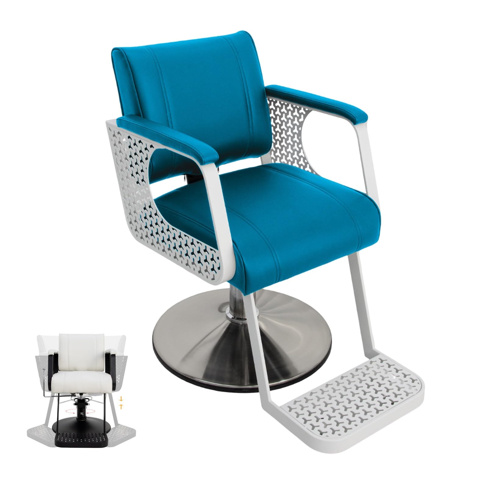 Generisch Friseurstühle, ergonomischer 360°-Drehfriseurstuhl, hydraulisch höhenverstellbarer Salonstuhl, PU-Leder mit Hohlmetallrahmen für Schönheitssalons und Umkleideräume (Blau)