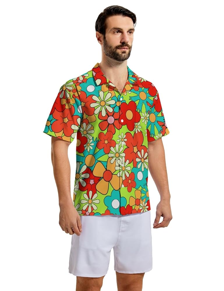 60s 70s ヴィンテージ エスニック柄シャツ 半袖 ヒッピーロカビリー民族柄 Amazon.com: 60s 70s Floral Men's Casual Button-Down Shirts