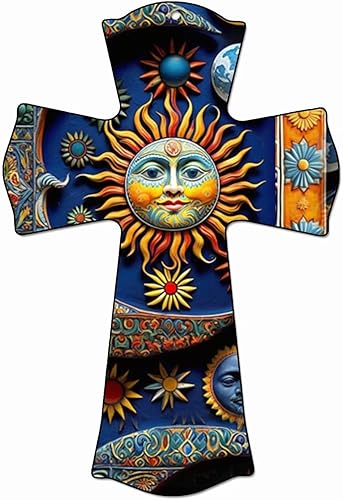CALUOHO Cruz de pared de madera pintada a mano Talavera Sun Face Cruz de pared de cerámica Crucifijo mexicano para el hogar, casa de campo, cocina,