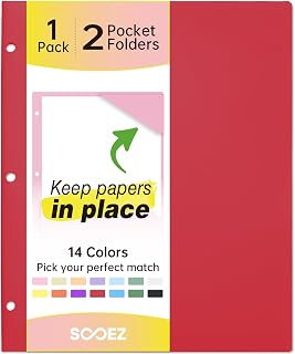 2-Pocket Folders, Plastic Folders with Pockets 3 Hole Punched, 1 Pack Pockets Folder for 3 Ring Binder with Labels, Heavy Duty Binder Folder for Document, Letter Size File Folder,Red