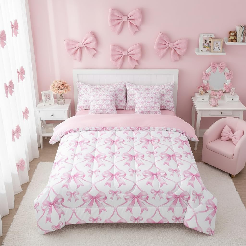 Erosebridal Pink Bowknot Queen Comforter Set Ribbon Bow 7 Pieces Bedding Bow Tie Bed Set with Sheets Cute Girly Bed in A Bag Bedroom Decor