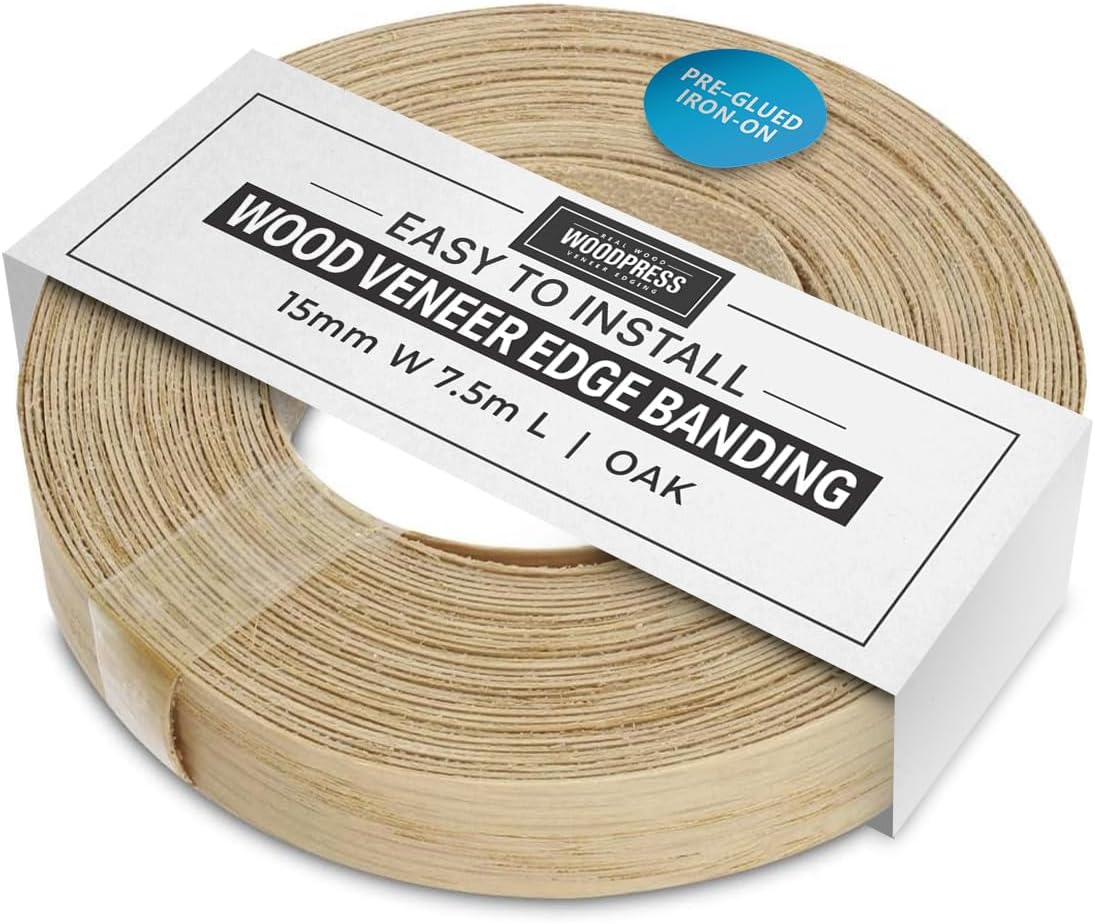 WoodPress® Real Oak Veneer Edging Tape – 15mm x 7.5m | Pre-Glued Iron on Edge Banding w/Hot Melt Adhesive