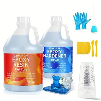 JANCHUN Crystal Clear Epoxy Kit, Fast Cure, 1.08 Litre, High Gloss, Self Levelling, No Bubbles, Tooling Kit Combo, 4 Hour Release, for DIY Epoxy Craft Hobbyist 1GL+ Tool Accessories