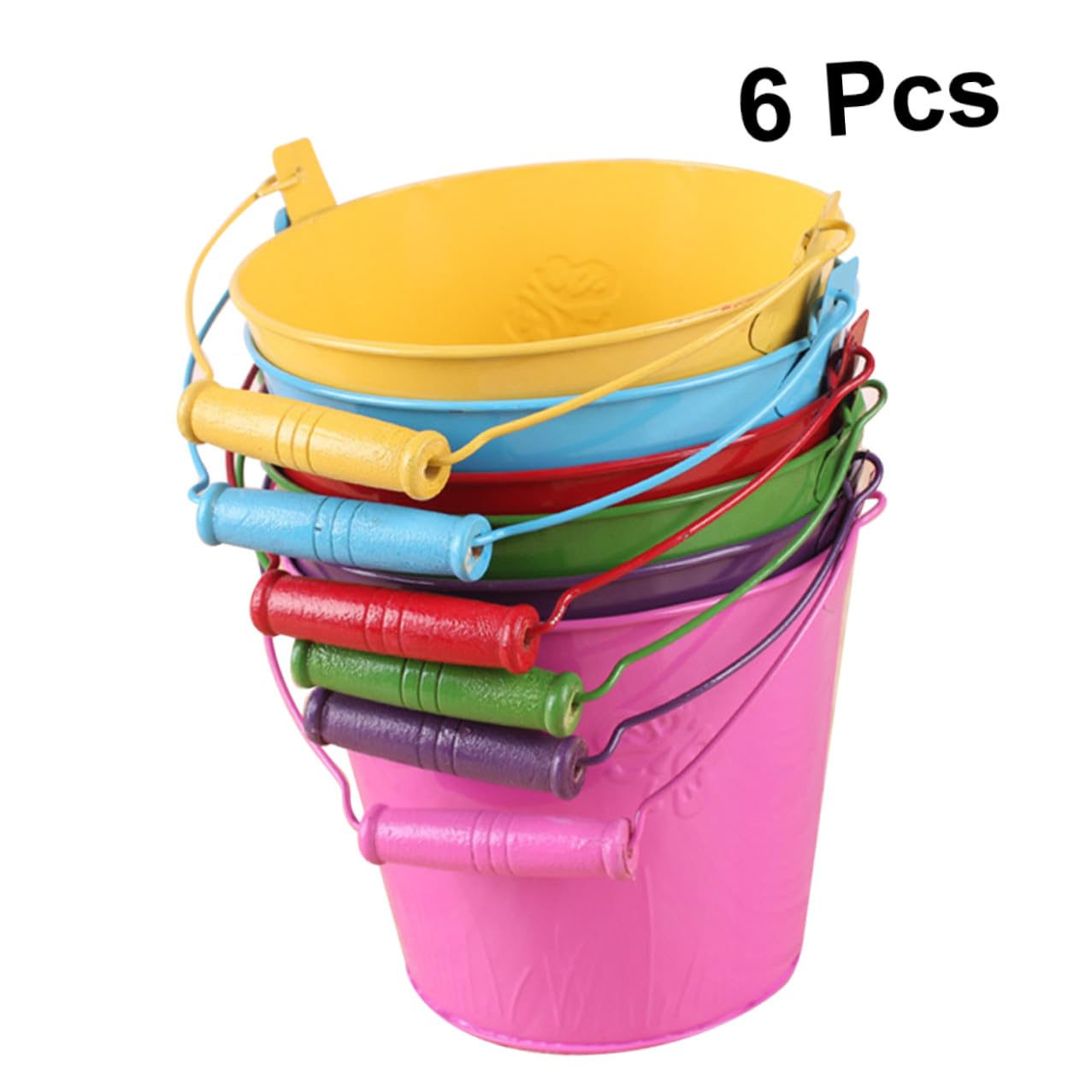 Jouet de Plage Seau en Fer 6pcs Poignée Bois pour Garçon et Filles