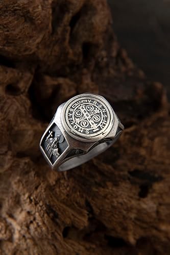 Miniatura 3 de St Benedict Exorcism Cross Demon Protection Rings, St Benedict Ring, Amulet Ring Silver Gift For Men, college graduation and family ring (Silver