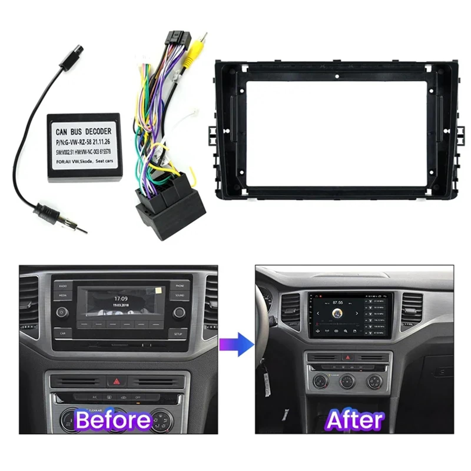 Montaje Autoradio Marco Marco de Montaje para Radio 9" Compatible con VW Polo Vi Jetta MK7 T6 Bora 2 DIN, Panel Multimedia para Coche DVD, GPS y MP5