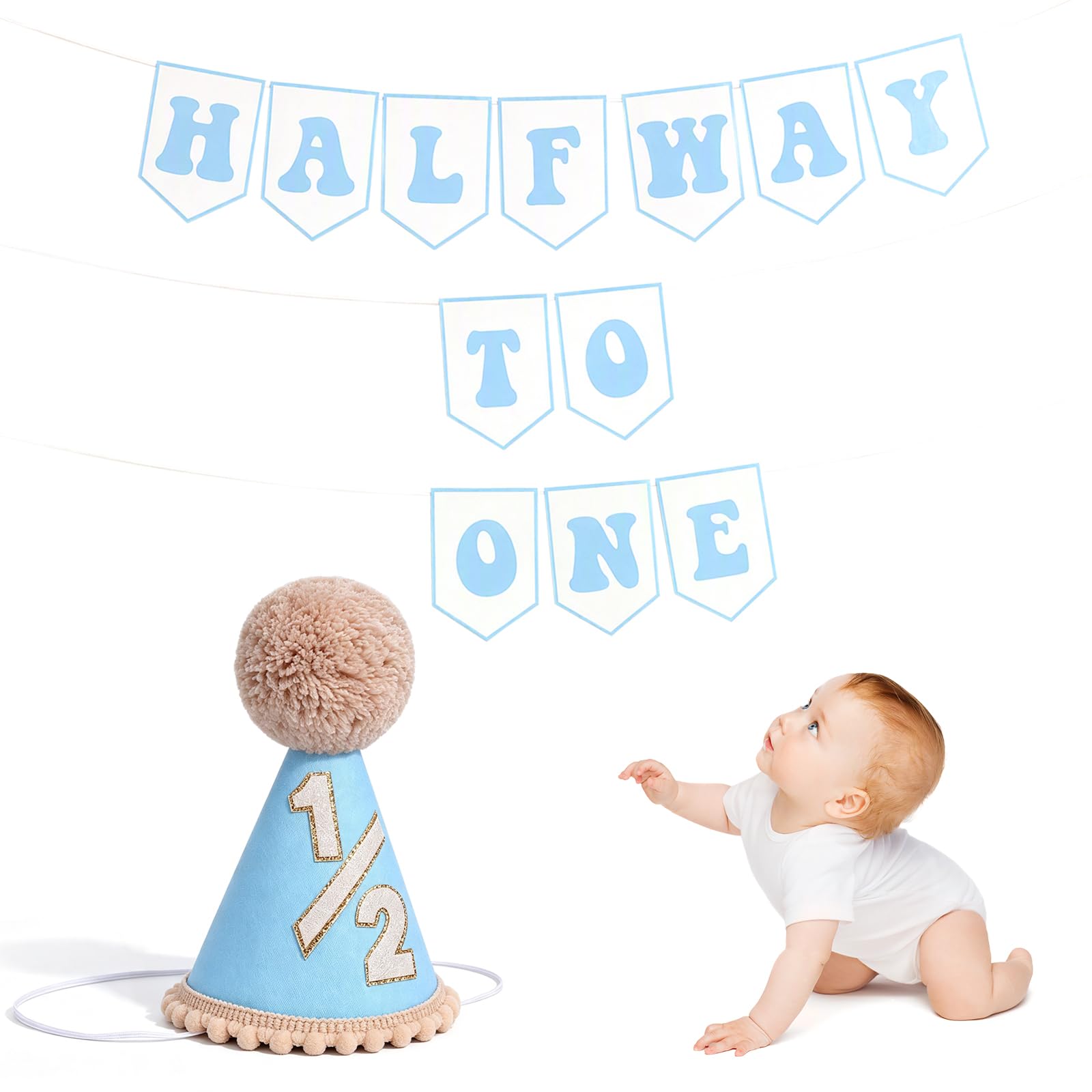 Msjuwek Blue 1/2 Birthday Hat and Half Way to One Banner Set for Baby Boys and Girls, 6 Months Half Birthday Decorations, Party Supplies and Photo Props for Six Month Milestone Celebration