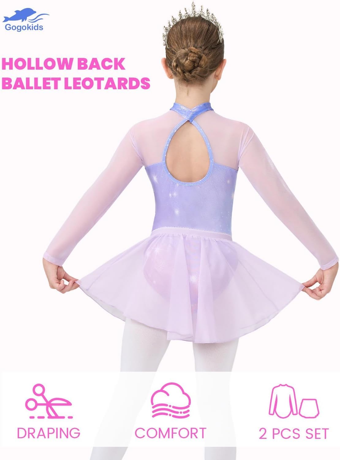 Gogokids Ballet Leotards for Girls Long Sleve Lace Dance Leotards Toddler Dance Dress with Removable Skirt Combo - Image 5
