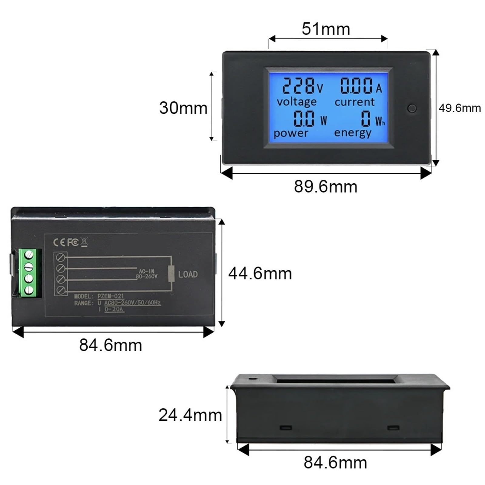 Cyfrowy woltomierz amperomierza watomierza z wyświetlaczem LED 20 A 100 A AC, 80-260 V, 6,5-100 V, miernik mocy 12 V 24 V 110 V 220 V (DC 100 A Meter Shunt)